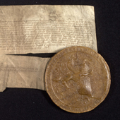 Image of the Remission of Rancour, James VI, royal pardon for treachery,with royal seal attached, 5 March 1580 (Crown Copyright, National Records of Scotland, GD430/ 179)