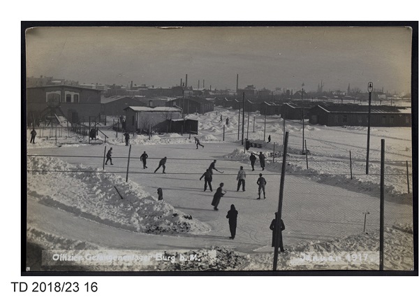 Allied officers playing ice hockey at Burg-bei-Magdeburg camp, 1917