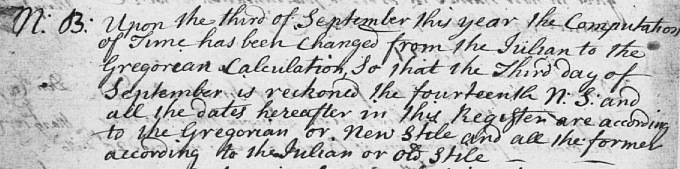 Detail from OPR about calendar change in September 1752