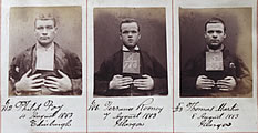 Detail from Barlinnie prison register showing photos of Philip Foy, Terrance Rooney and Thomas Martin, taken before they left the prison in August 1883, National Records of Scotland reference HH21/70/97 page 18
