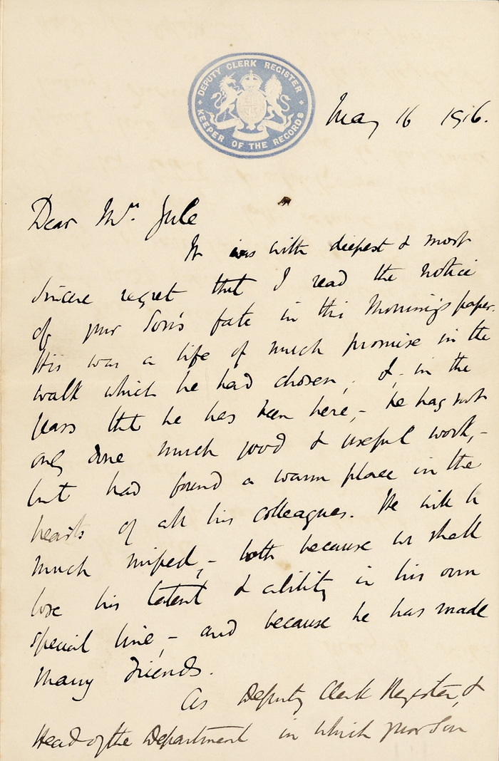 Letter from Sir James Patten MacDougall to Mrs Thomasina Yule, 16 May 1916, courtesy of Fiona Gregg-Smith