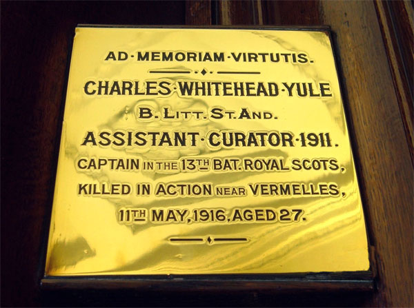Brass plaque to the memory of Charles Whitehead Yule, General Register House