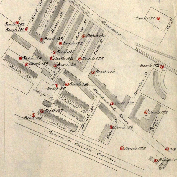 Map of bomb hits on Jellicoe Street etc (National Records of Scotland, HH50/162/149)