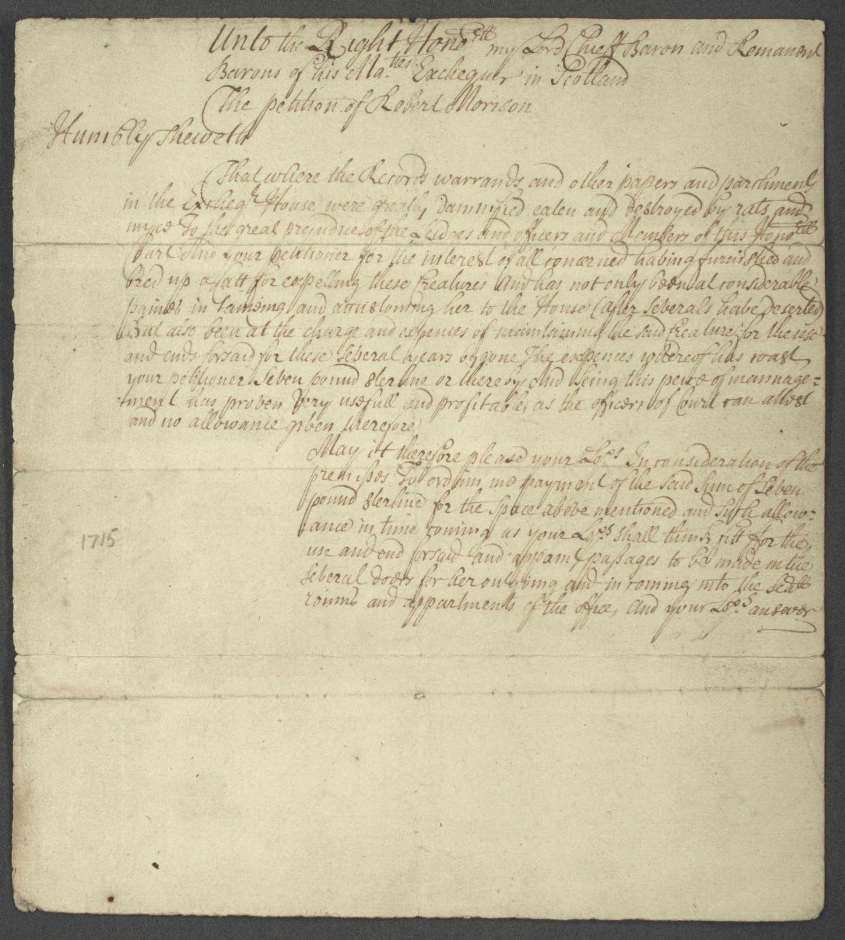 Handwritten petition from Robert Morison to the Barons of the Exchequer. NRS, GD18/1704