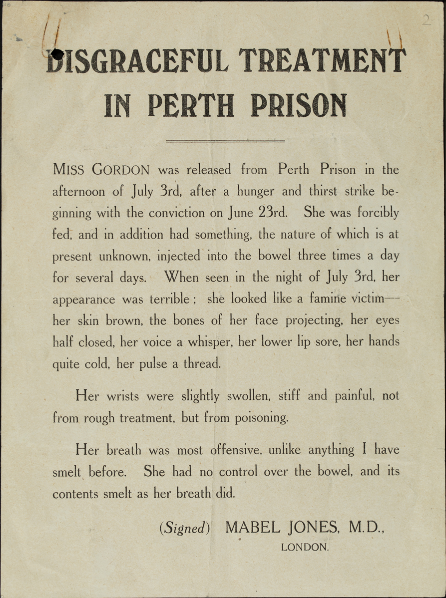 Flyer titled 'Disgraceful Treatment in Perth Prison' that recounts Frances Gordon's experience of force-feeding
