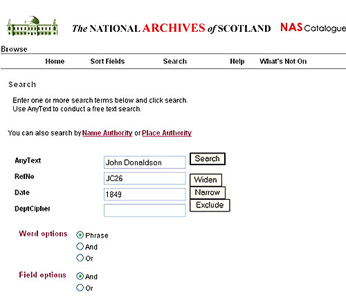 Image showing a search of the NRS catalogue for 'John Donaldson' in JC26 records in 1849