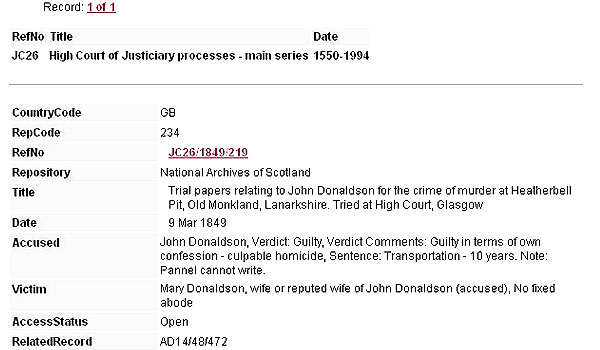 Image showing details of a catalogue search for a High Court trial