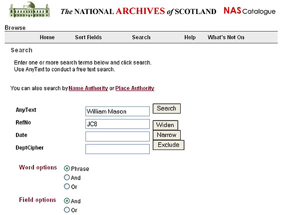Image showing search page on NRS online catalogue