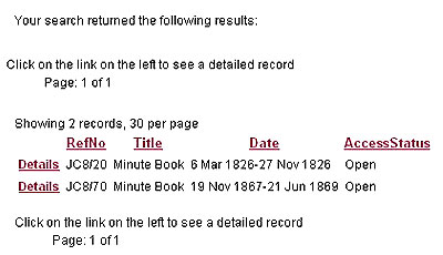 Image showing results of a catalogue search for a High Court minute book