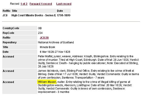 Image showing details of catalogue search for High Court record