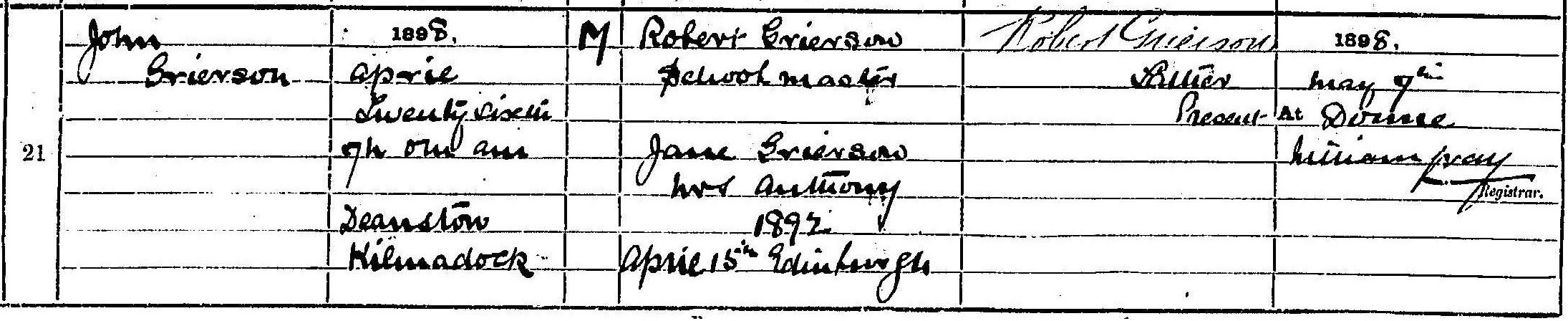 John Grierson's birth certificate, 1898