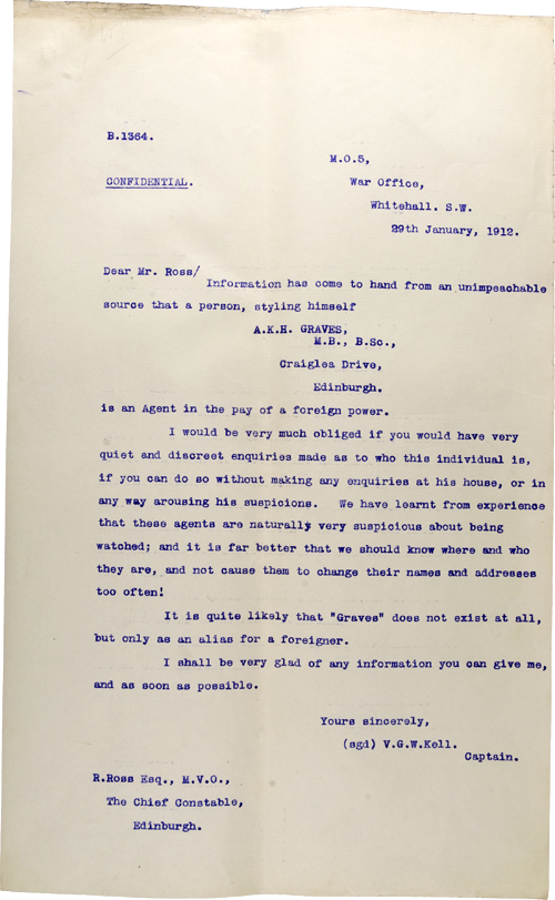 Copy letter from Captain Kell, 29 January 1912, National Records of Scotland, AD15/12/44A