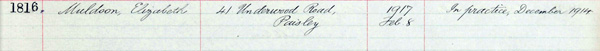 Entry for Elizabeth Muldoon in the Midwives Register, 1917, National Records of Scotland, CMB5/1