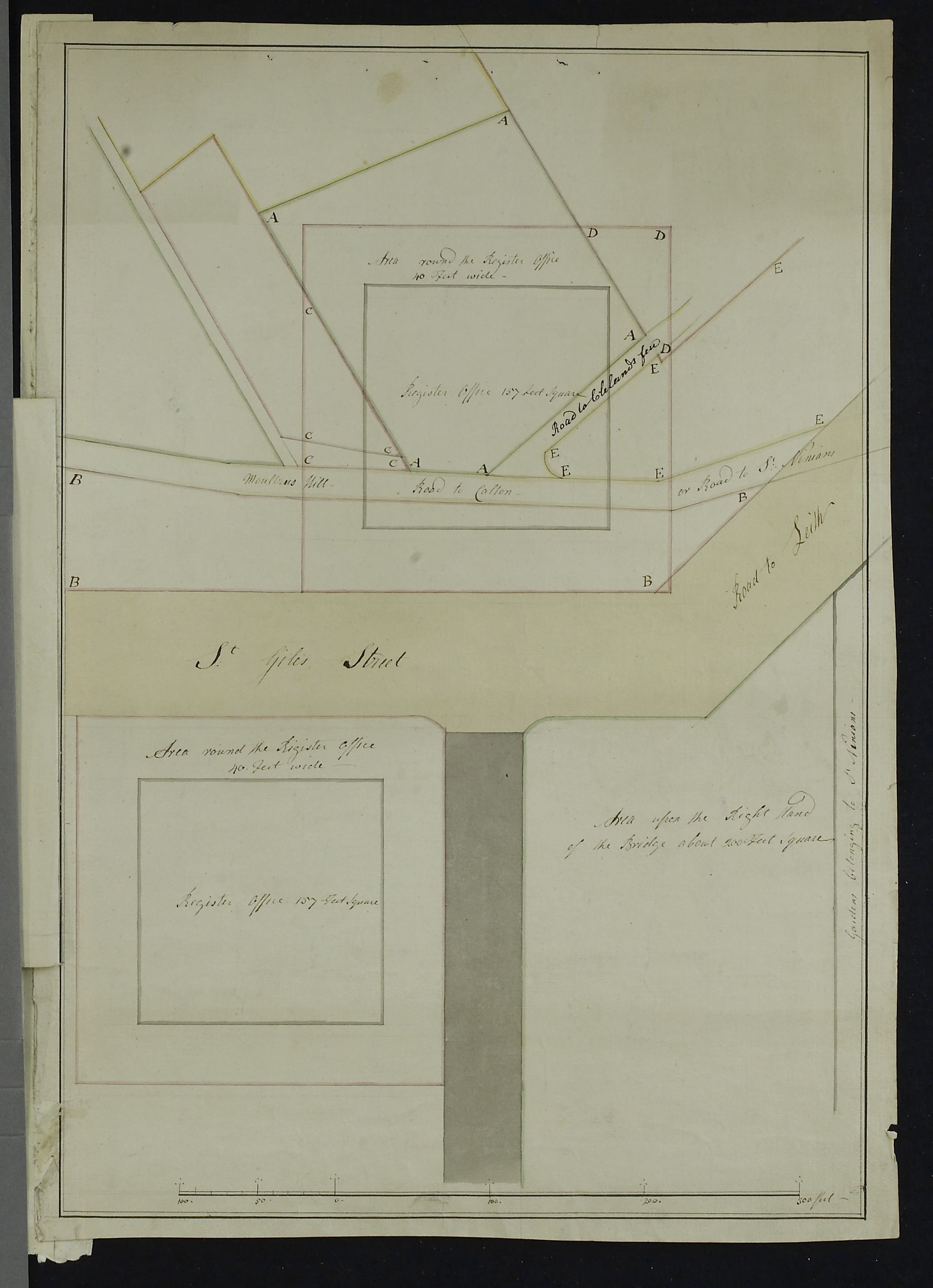 Plan showing the site of General Register House. This plan demarcates who owned areas of the site in 1768.