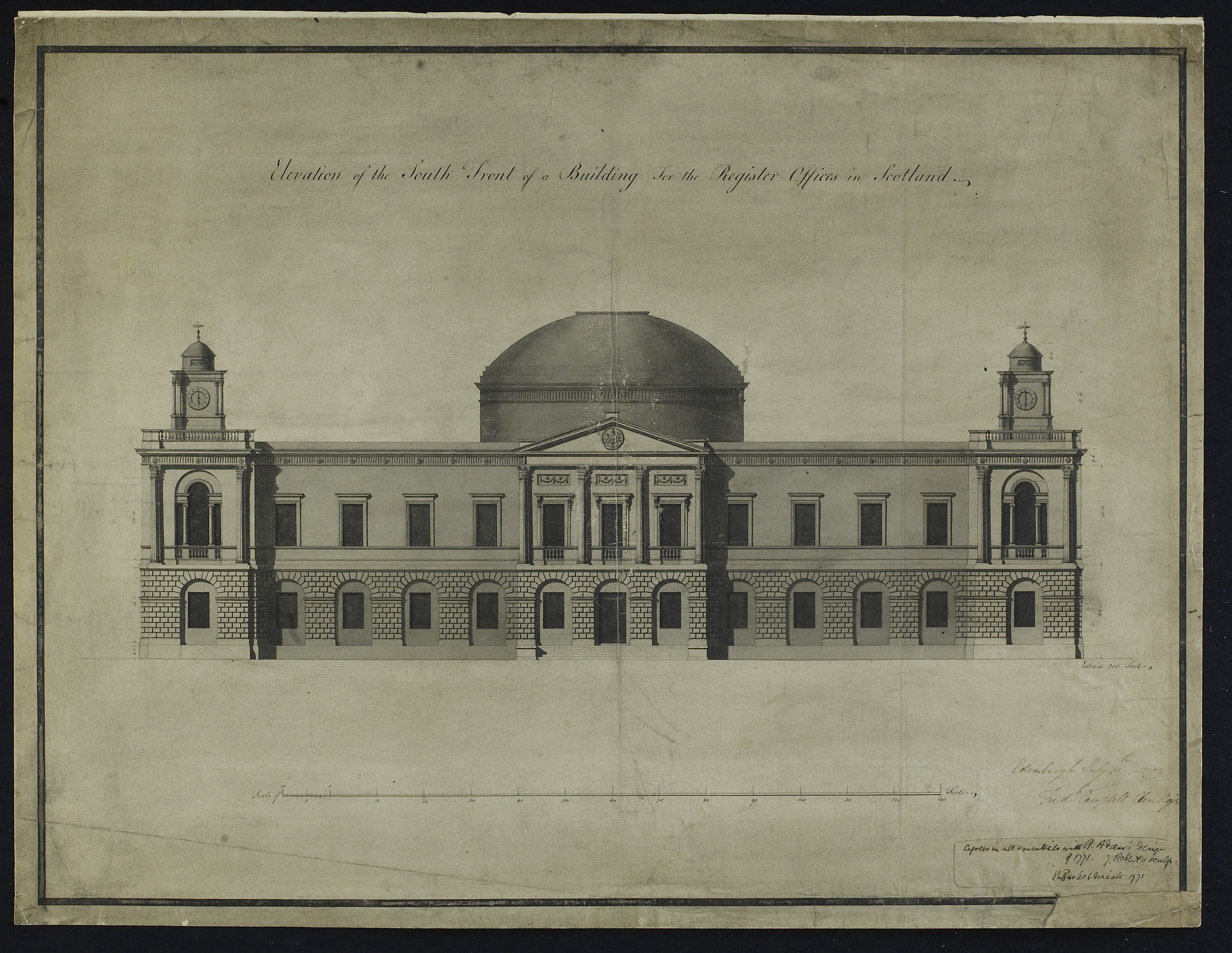 Black and white architectural drawing showing the South facade of General Register House. Crown copyright, NRS, RHP6082/7