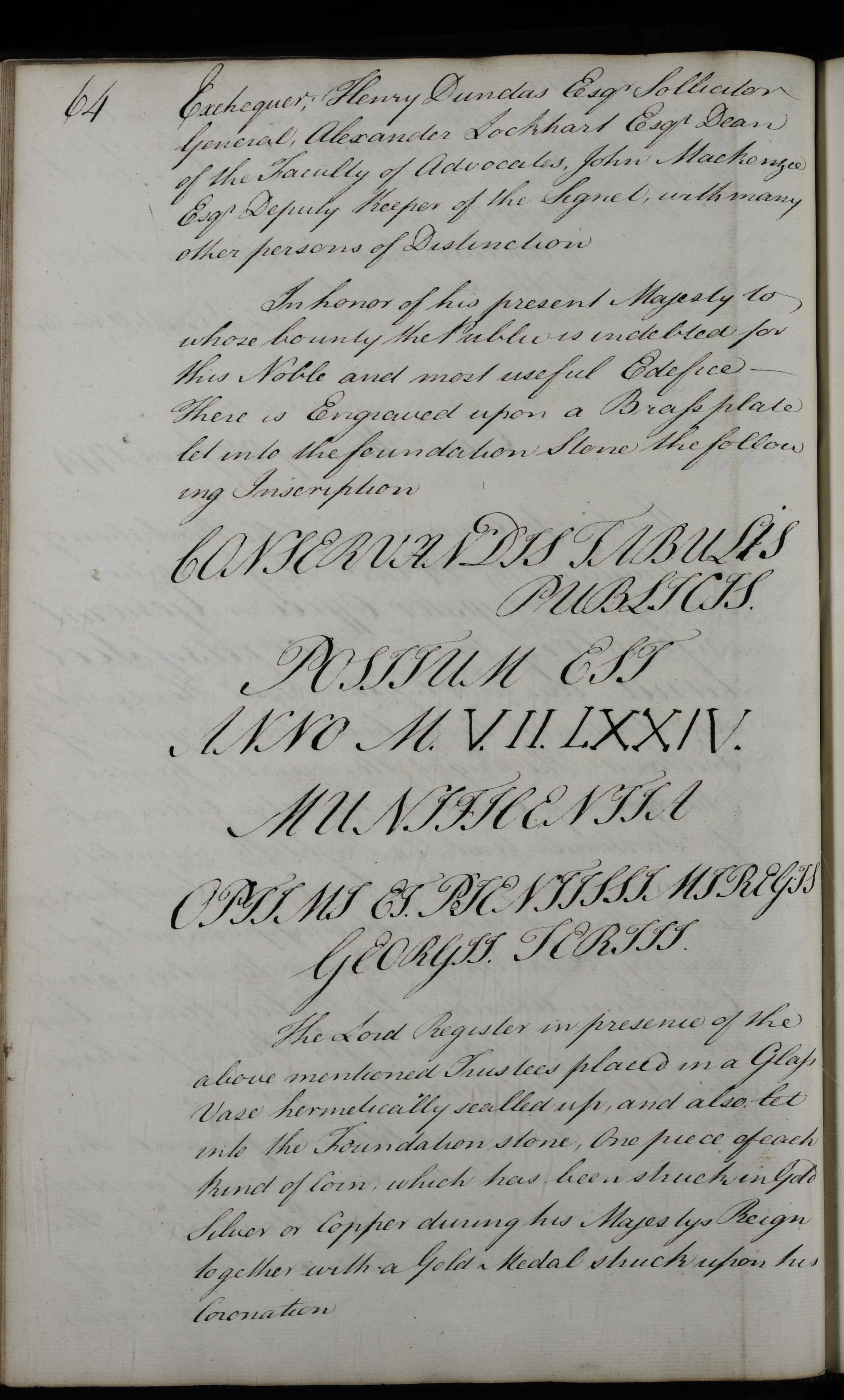 Handwritten text recording the laying of the foundation stone of General Register House