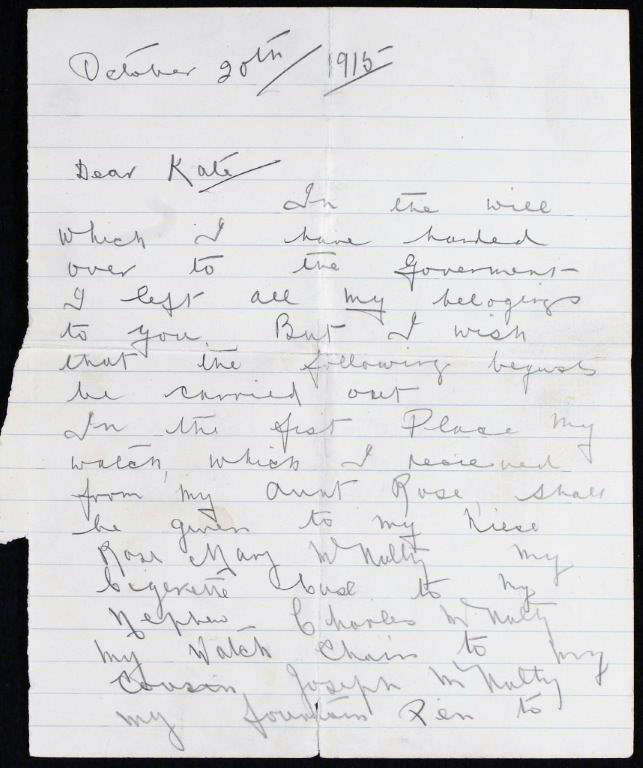First page of letter from Andrew McNulty 1915