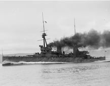 Detail from photograph of HMS Inflexible at speed during trials, autumn 1908. She was capable of 26.64 knots (UCS1/118/374/46).