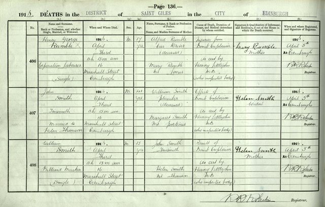 Extract from the Register of Deaths for three of those who died at 16 Marshall Street, 1916, National Records of Scotland, 685/4 p.136