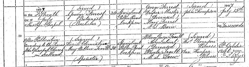 George Forrest and Harriet Traill marriage entry, 1907