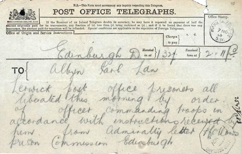 Telegram with orders for release of Lerwick prisoners, National Records of Scotland HH31/17/2/10