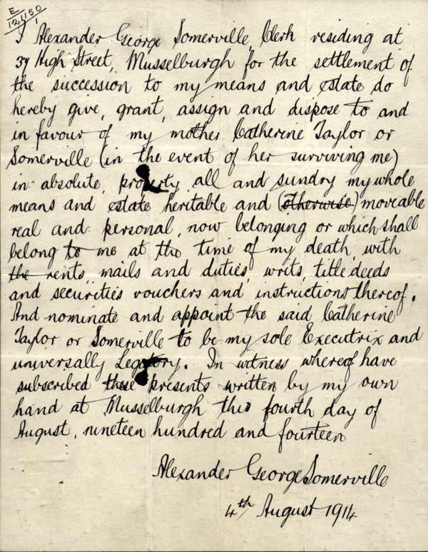 Will of Alexander George Somerville, National Records of Scotland SC70/8/135/7