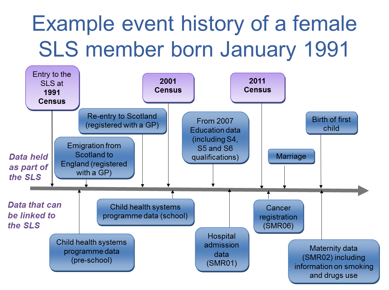 Timeline showing an example event history of a female SLS member