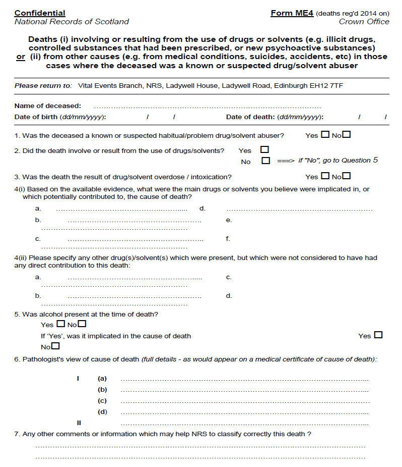 Image showing the questionnaire used to obtain further information about drug-related deaths, with effect from 2014