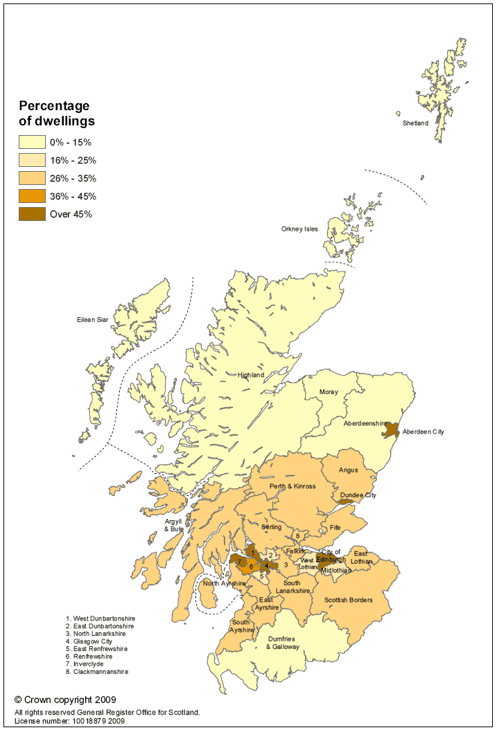 Map 1: Percentage of dwellings which are flats in each local authority area, 2008