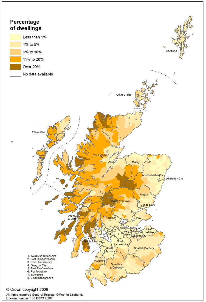 Map 3: Percentage of dwellings which are second homes, in each data zone in Scotland, 2008