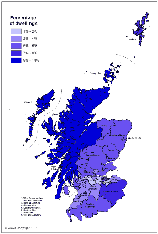 Map 1: Percentage of Dwellings that were Vacant or Second Homes, 2006