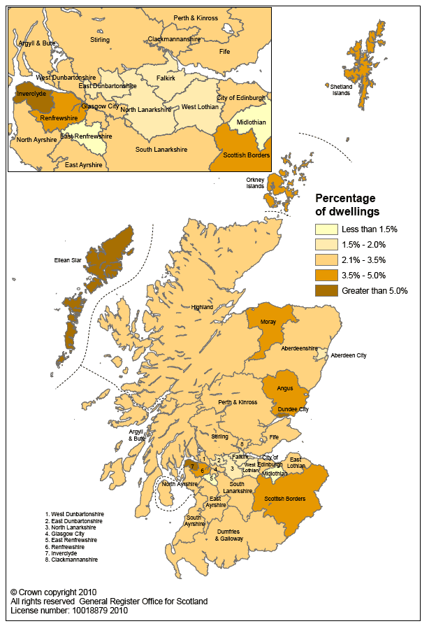 Map 1: Percentage of dwellings which are vacant in each local authority area in Scotland, 2009
