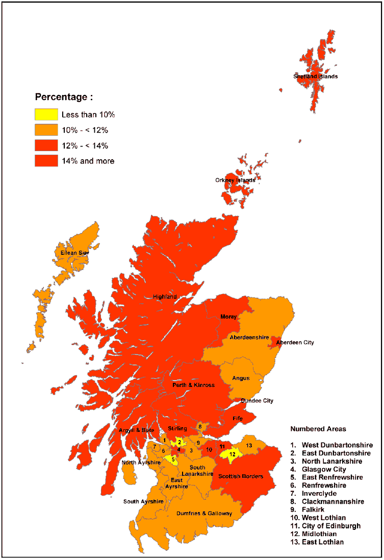 image of Map 1 : Percentage of households where at least one person moved in the last year, 2001 Census