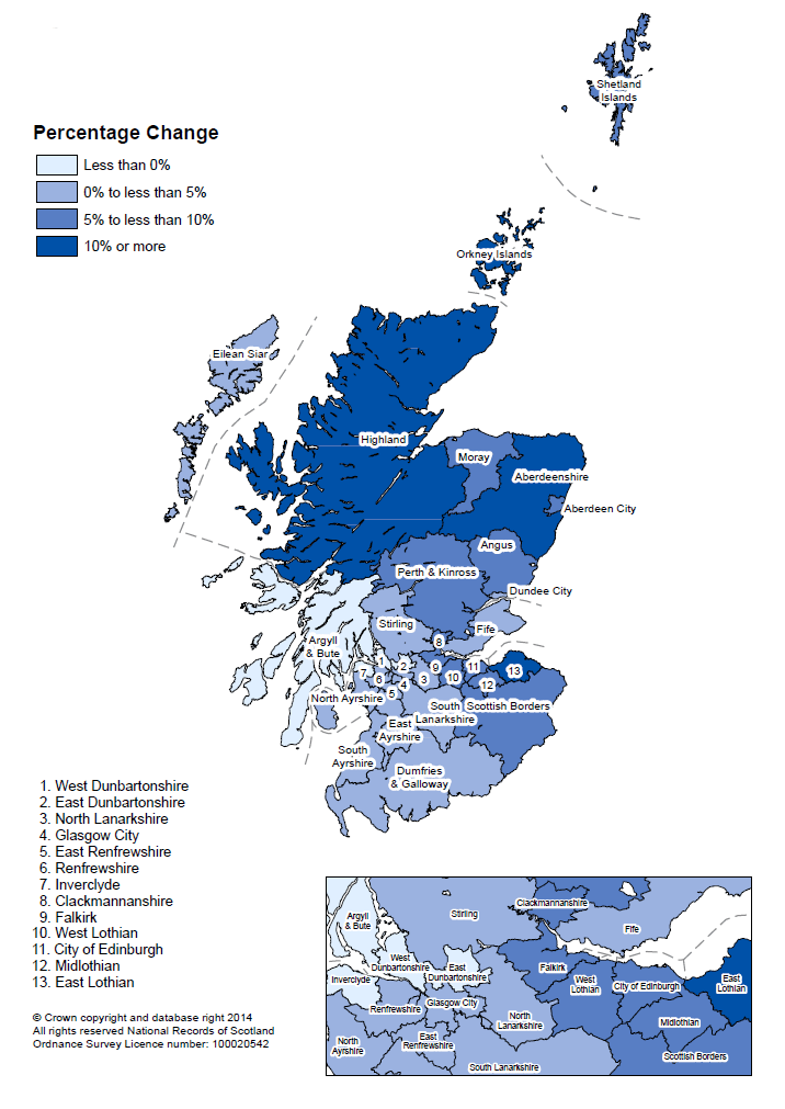 Map showing percentage change in population, Council areas, mid-2003 to mid-2013
