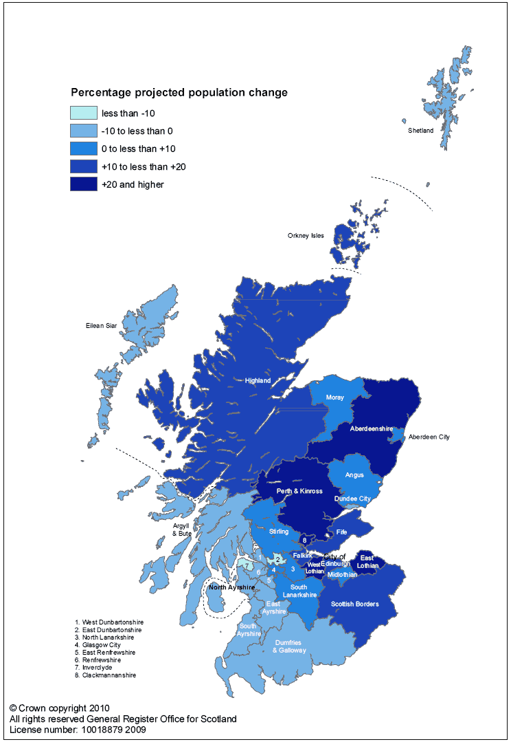 Figure 2a Projected percentage change in population, (2008-based), by council area, 2008-2033 (Map)