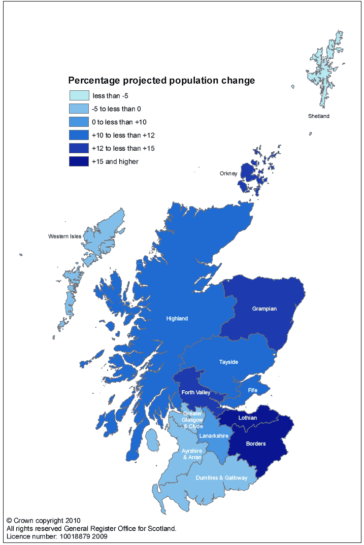 Figure 3a Projected percentage change in population, (2008-based), by NHS board area, 2008-2033 (Map)